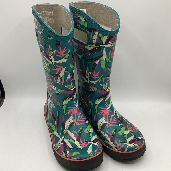 Size 4Y: Bogs Blue/Pink Leaves Rain Boots