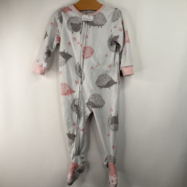Size 12m: Carter's White/Pink/Grey Hedgehog Fleece 1pc Footy PJs
