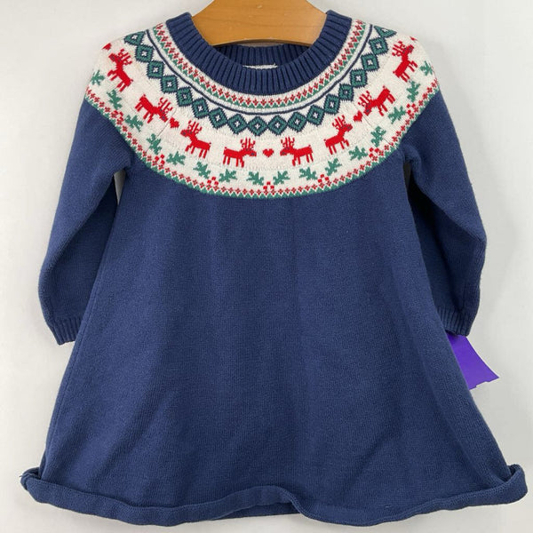Size 12-18m (75): Hanna Andersson Blue/White/Red Reindeer Print Knitted Long Sleeve Dress