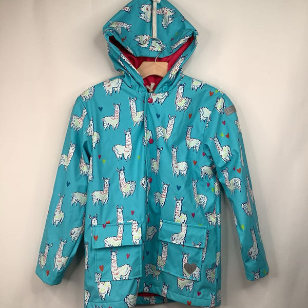Size 10: Hatley Blue/Colorful Llama Print Button-Up Rain Coat