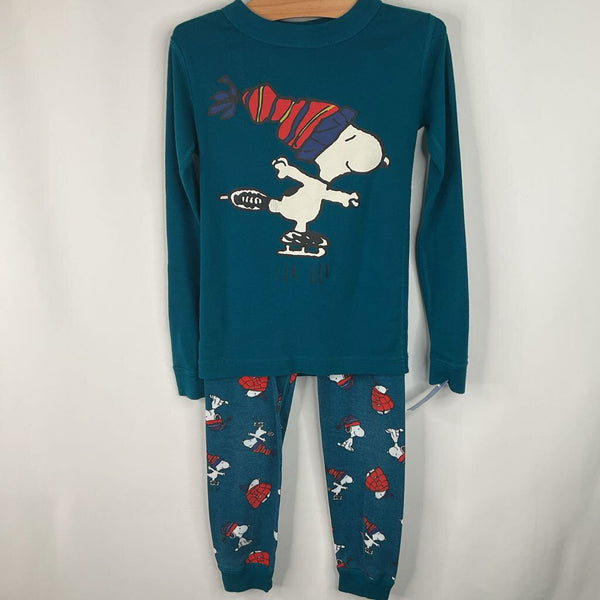 Size 6-7 (120): Hanna Andersson Teal Snoopy Print 2pc PJs
