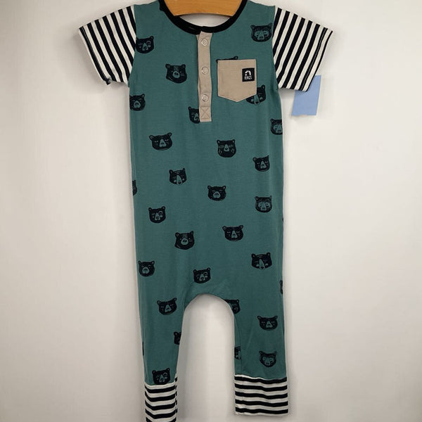 Size 2: Rags Green Striped Bear Print Short Romper