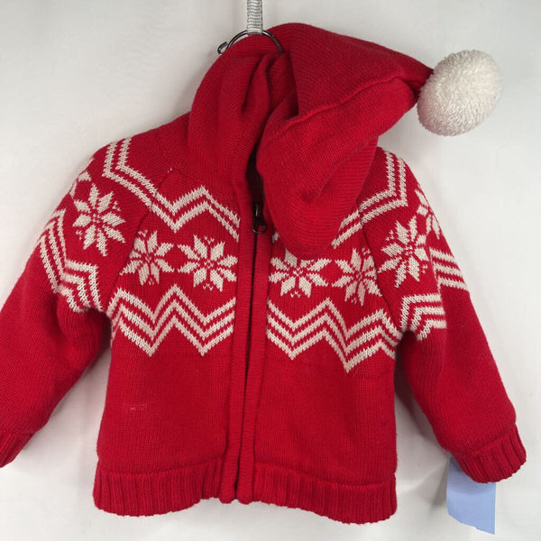 Size 12-18m (75): Hanna Andersson White/Red Snow Print Knitted Zip-Up Hoodie