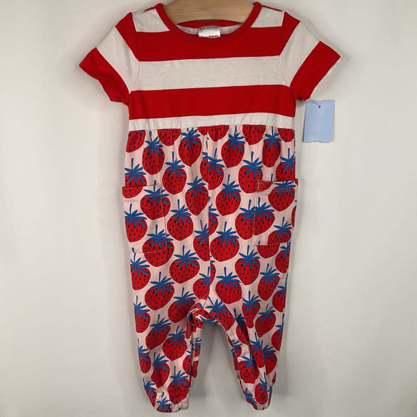 Size 12-18m (75): Hanna Andersson Red/White Striped Strawberry Print Short Sleeve Romper