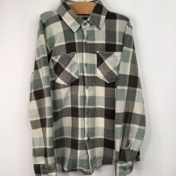 Size 6-7: No Mad White/Grey/Teal Plaid Button-Up Fleece Button-Up