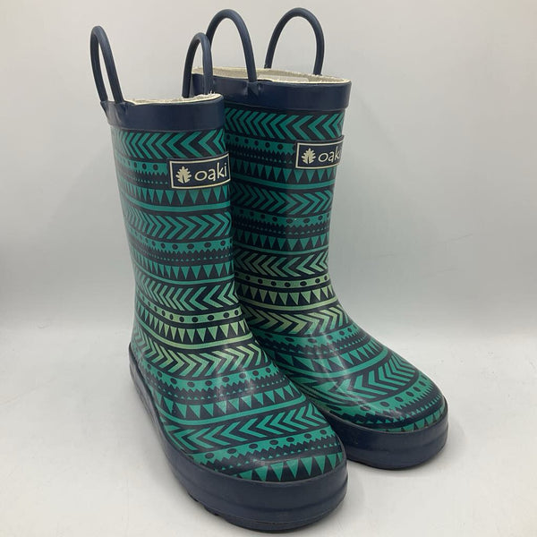 Size 1Y: Oaki Kids Teal/Blue Pattern Loop Handle Rain Boots