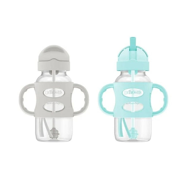 Dr Brown's Wide-Neck Sippy Straw Bottle with Silicone Handles (2 Pack) NEW