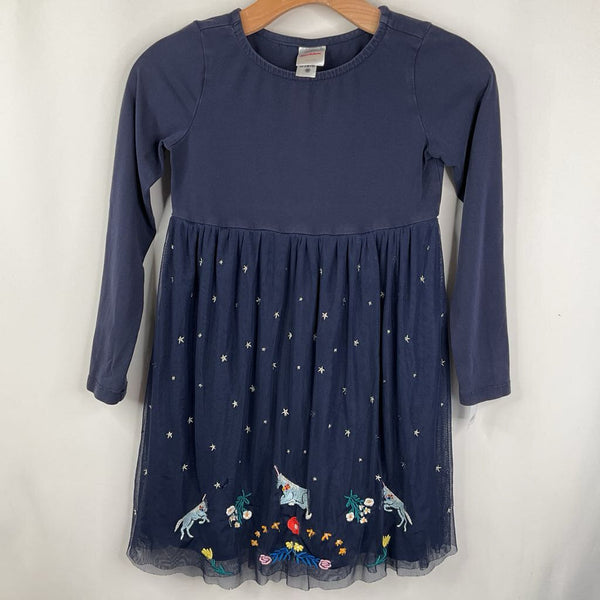Size 8 (130): Hanna Anderson Navy Unicorn Embroidered Long Sleeve Dress