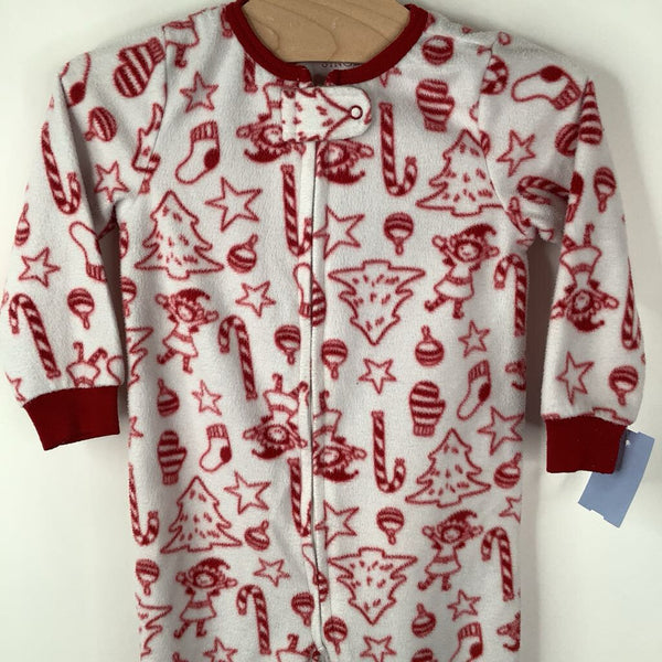 Size 18m: Jingles & Joy White/Red Holiday Print Fleece 1pc Footy PJs