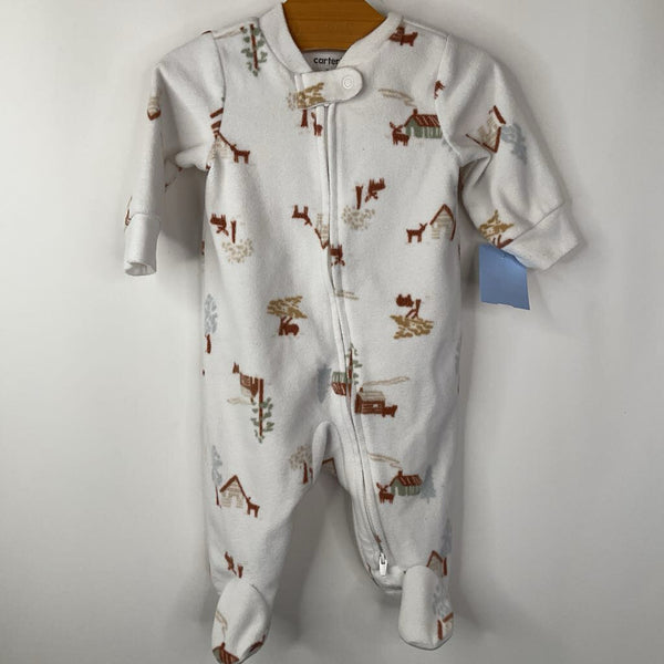 Size 3m: Carter's White Deer Print Fleece 1pc Footy PJs