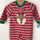 Size 3m: Carter's Red/Grey Striped Deer Fleece 1pc Footy PJs