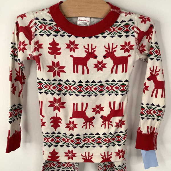 Size 3 (90): Hanna Andersson White/Red Reindeer Print 2pc PJs