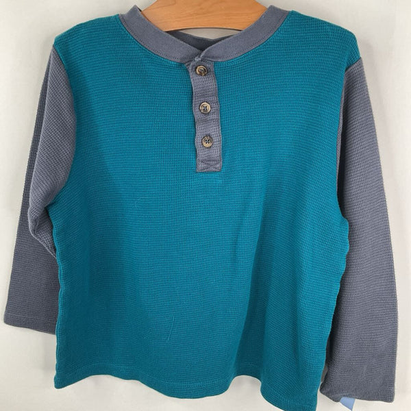 Size 5 (110): Hanna Andersson Teal/Blue Waffle Textured Long Sleeve Shirt