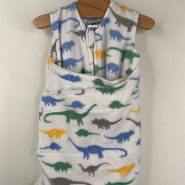 Size S: Halo White/Colorful Dinosaurs Fleece Swaddle Sleepsack