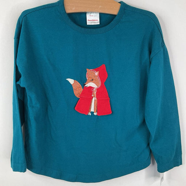 Size 5 (110): Hanna Andersson Teal w/ Red Cloaked Wolf Long Sleeve Shirt