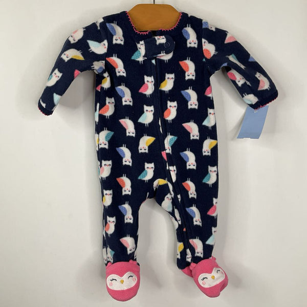 Size NB: Carters Navy/Multicolor Owls Fleece Footed Long Sleeve Zip-Up PJs