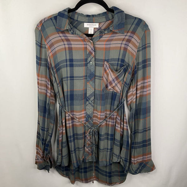 Size S: Motherhood Green/Navy/Orange Plaid Flannel LST