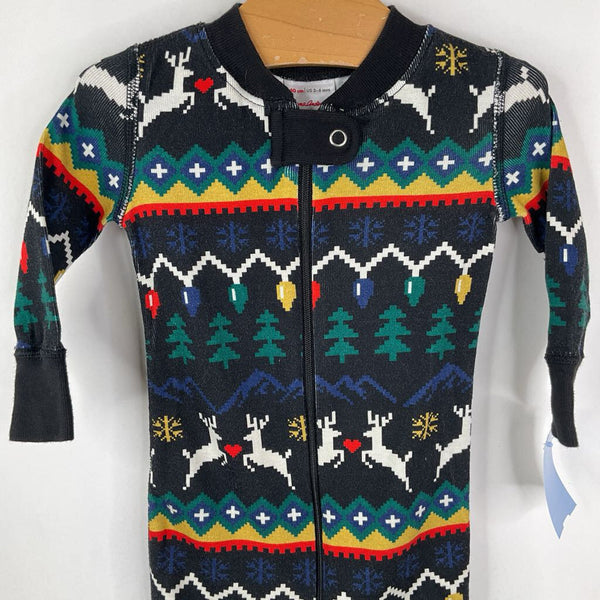 Size 3-6m (60): Hanna Andersson Black/Multi Reindeer/Lights 1pc Zip Holiday PJs