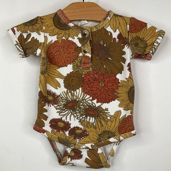 Size 3-6m: Kate Quinn Brown/Yellow/Orange Flowers Quarter Button-Up Onesie