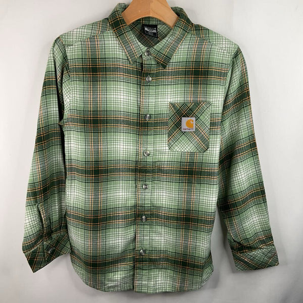 Size 10-12: Carhartt Green/Yellow Plaid Collared Button-Up Long Sleeve Shirt