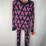 Size 6-7 (120): Hanna Andersson Green/Pink Hearts 2pc PJs
