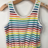 Size 12: Primary White/Rainbow Striped Terry Shorty Romper