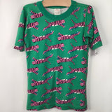Size 10 (140): Hanna Andersson Green/Pink Tiger Print Short Sleeve Shorty 2pc PJs