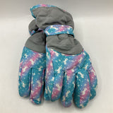 Size M: Blue/Pink/Grey Unicorn Snow Gloves