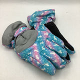 Size M: Blue/Pink/Grey Unicorn Snow Gloves