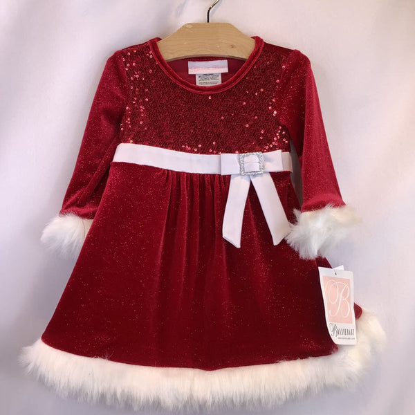 Size 12m: Bonnie Baby Red Velour w/Sequins Sparkle Skirt White 'Fur' Trim Long-Sleeve Dress NEW