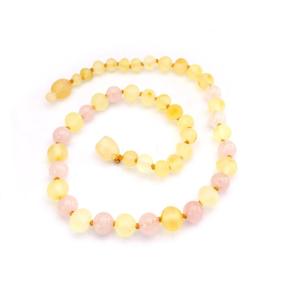 Size Small: Momma Goose Raw Lemon and Rose Quartz Amber Teething Necklace (1057S)