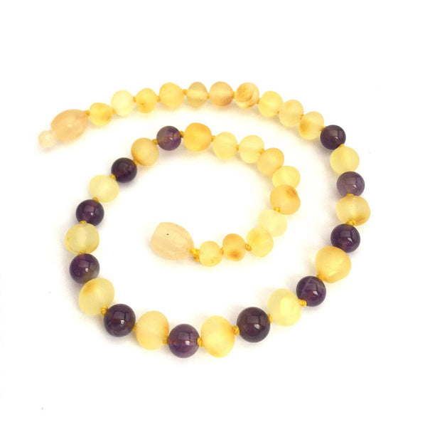 Size Small: Momma Goose Raw Lemon and Amethyst Amber Teething Necklace (1056S)