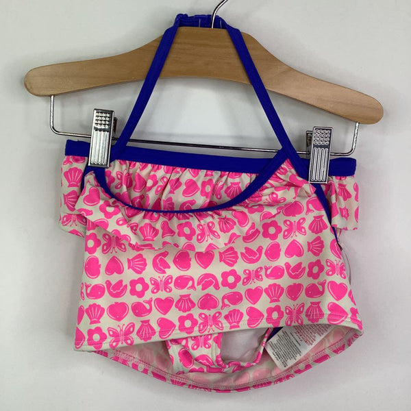 Size 8-9: Mini Boden 2pc White w/Pink Shells Hearts Animals Blue Trim Ruffled Swim Suit