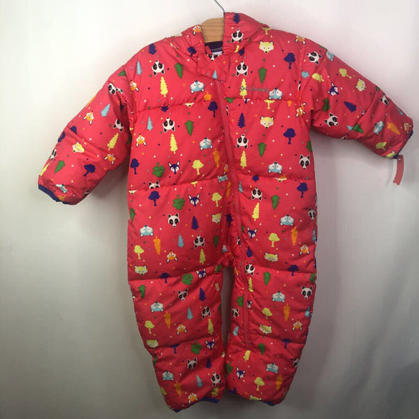 Size 24m: Columbia Red w/Trees Critter Faces Hooded Down Bunting