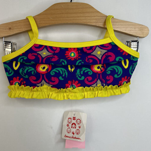 Size 5 (110): Hanna Andersson 1pc Purple w/Pink Green Stylized Floral Pattern Yellow Ruffle Trim Swim Top NEW w/ Tags