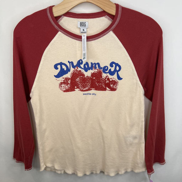 Size 14: Urban Outfitters Cream Dusky Pink w/"Dreamer" Strawberries Long-Sleeve Raglan Shirt NEW