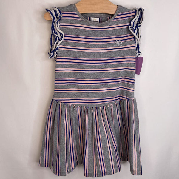 Size 5-6: No Added Sugar Grey w/Pink Blue Stripes Ruffle Tank-Sleeves Dress