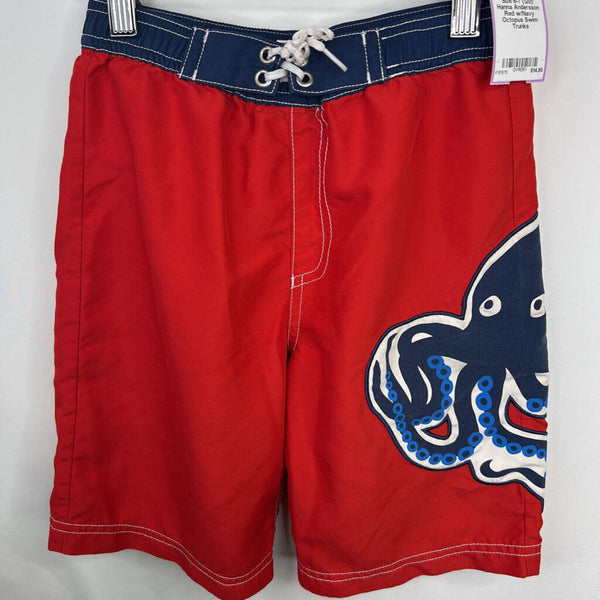 Size 6-7 (120): Hanna Andersson Red w/Navy Octopus Swim Trunks