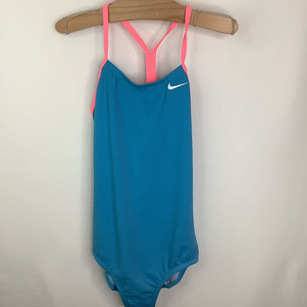 Sike 10-12: Nike Strappy Sky Blue Neon Pink 1pc Swim Suit NEW w/tags