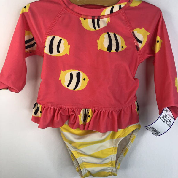 Size 3-6: Tea Collection Pink Yellow Fish Long Sleeve 2pc Swimsuit
