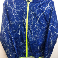 Size 14-16 XL: Land's End Blue/Lime Green Lightning Pattern Zip Up Hooded Light Coat REDUCED
