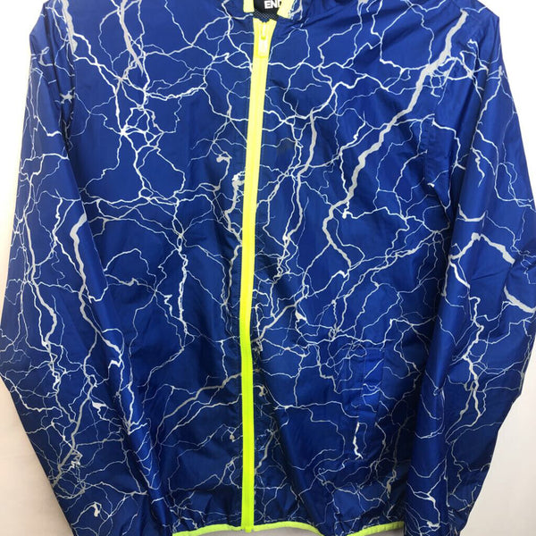 Size 14-16 XL: Land's End Blue/Lime Green Lightning Pattern Zip Up Hooded Light Coat REDUCED