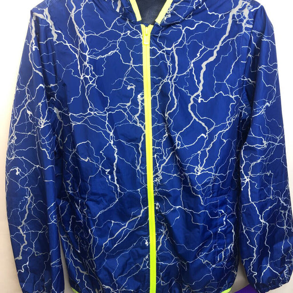 Size 14-16 XL: Land's End Blue/Lime Green Lightning Pattern Zip Up Hooded Light Coat