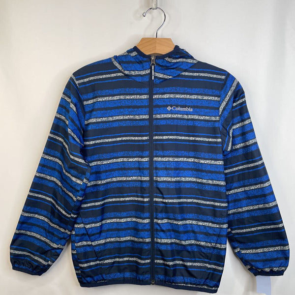 Size 10-12: Columbia Blue, Black & White Striped Lined Rain Coat