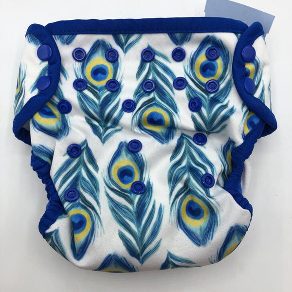 Size 0-6m: Thirsties White/Blue Peacock Feather Adjustable Reusable Diaper