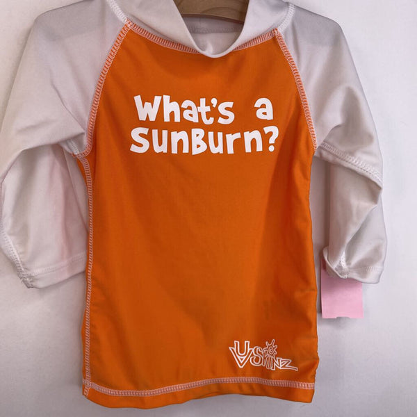 Size 12-24m: UV Skinz White and Orange 50 UPF 'Whats a sunburn?' Long Sleeve Baseball Swim Shirt