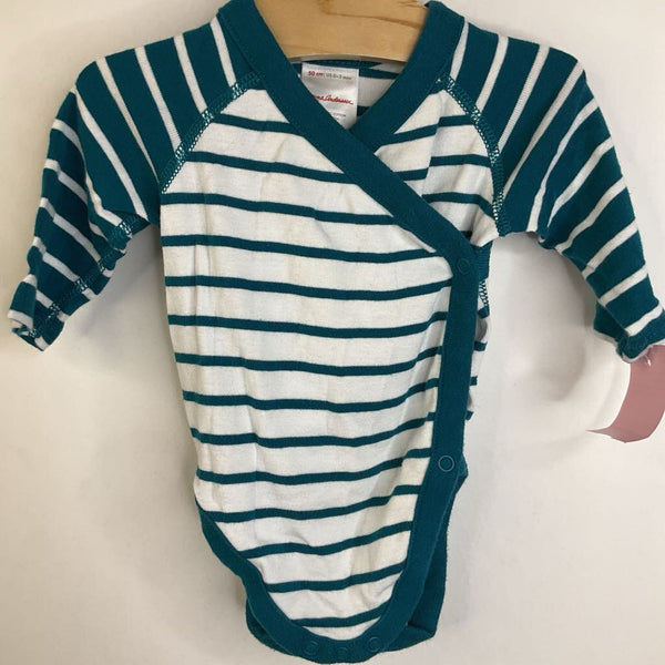 Size 0-3m: Hanna Andersson Teal & White Striped Wrap Long Sleeve Onesie