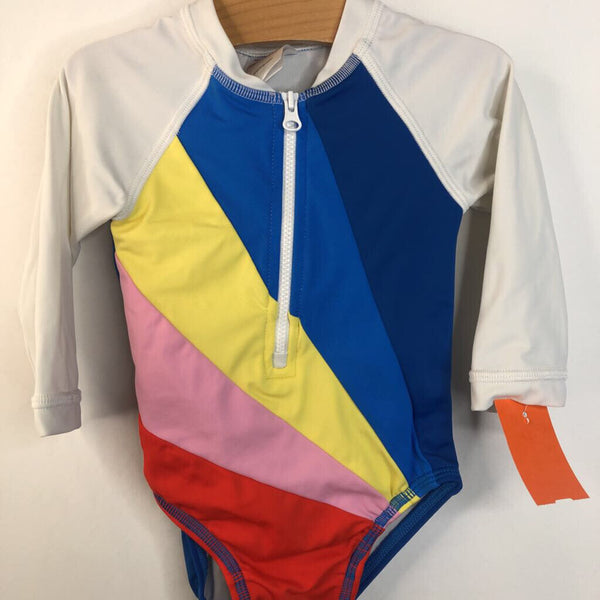 Size 6-12m (70): Hanna Andersson White, Blue Red & Yellow Long Sleeve One Piece Swimsuit