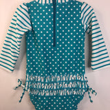 Size 12-18m: Ruffle Butt UPF 50+ Teal & White Striped/ Polk-a-Dot Long Sleeve One Piece Swimsuit NEW w/ Tag