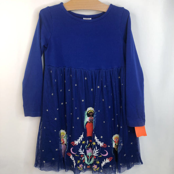 Size 5 (110): Hanna Andersson Blue Tule Angel Patches Long Sleeve Dress